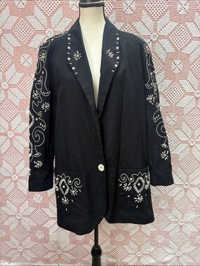 Embroidered Black Women's Jacket with White Motif